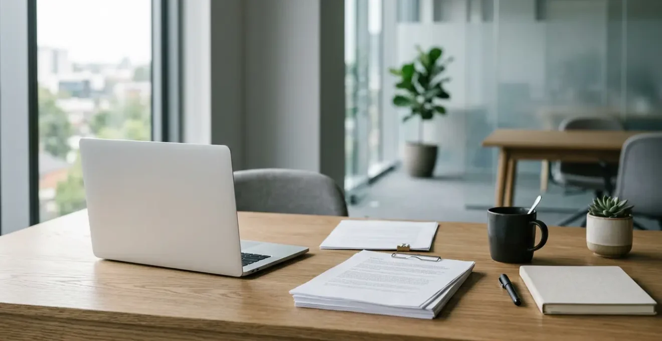 Professional workspace showing efficient AI-powered report creation workflow