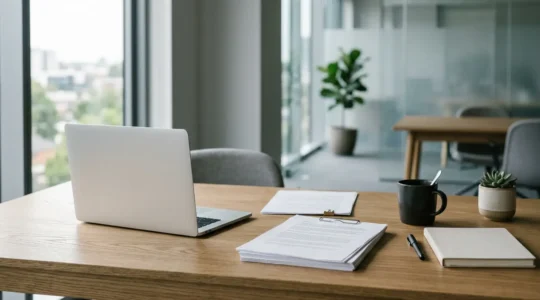 Professional workspace showing efficient AI-powered report creation workflow