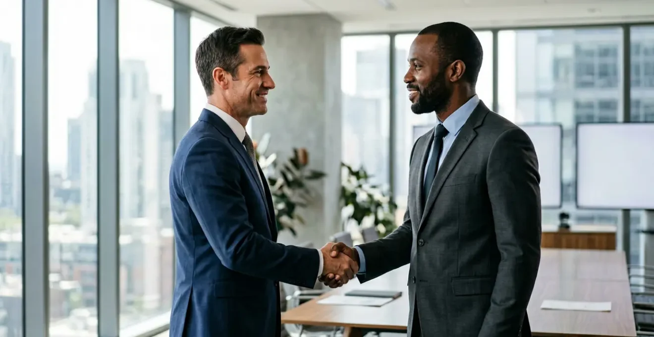 Two business professionals shaking hands symbolizing a strategic B2B partnership agreement