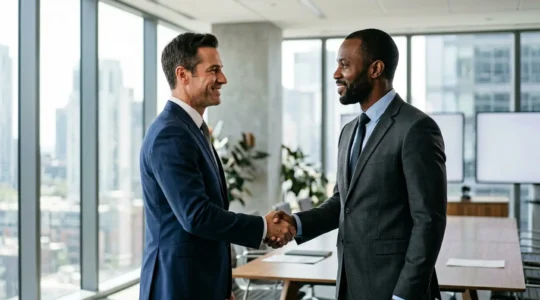 Two business professionals shaking hands symbolizing a strategic B2B partnership agreement
