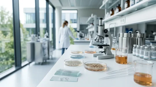 Modern biotech laboratory environment showcasing cellular health advancement and longevity research