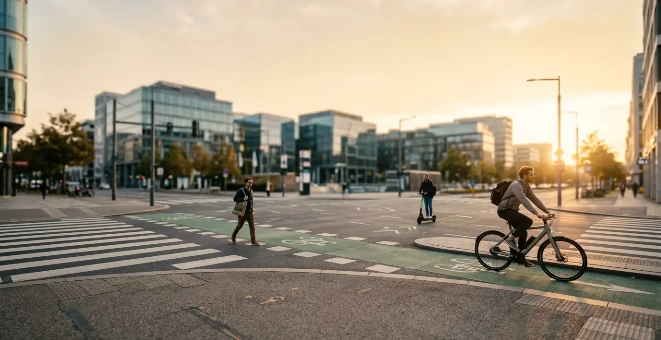 Modern urban commuter with alternative transportation options in dynamic city environment