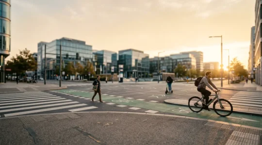 Modern urban commuter with alternative transportation options in dynamic city environment