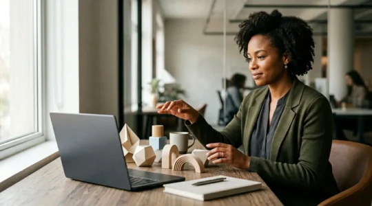 Professional navigating career transformation in digital workplace environment