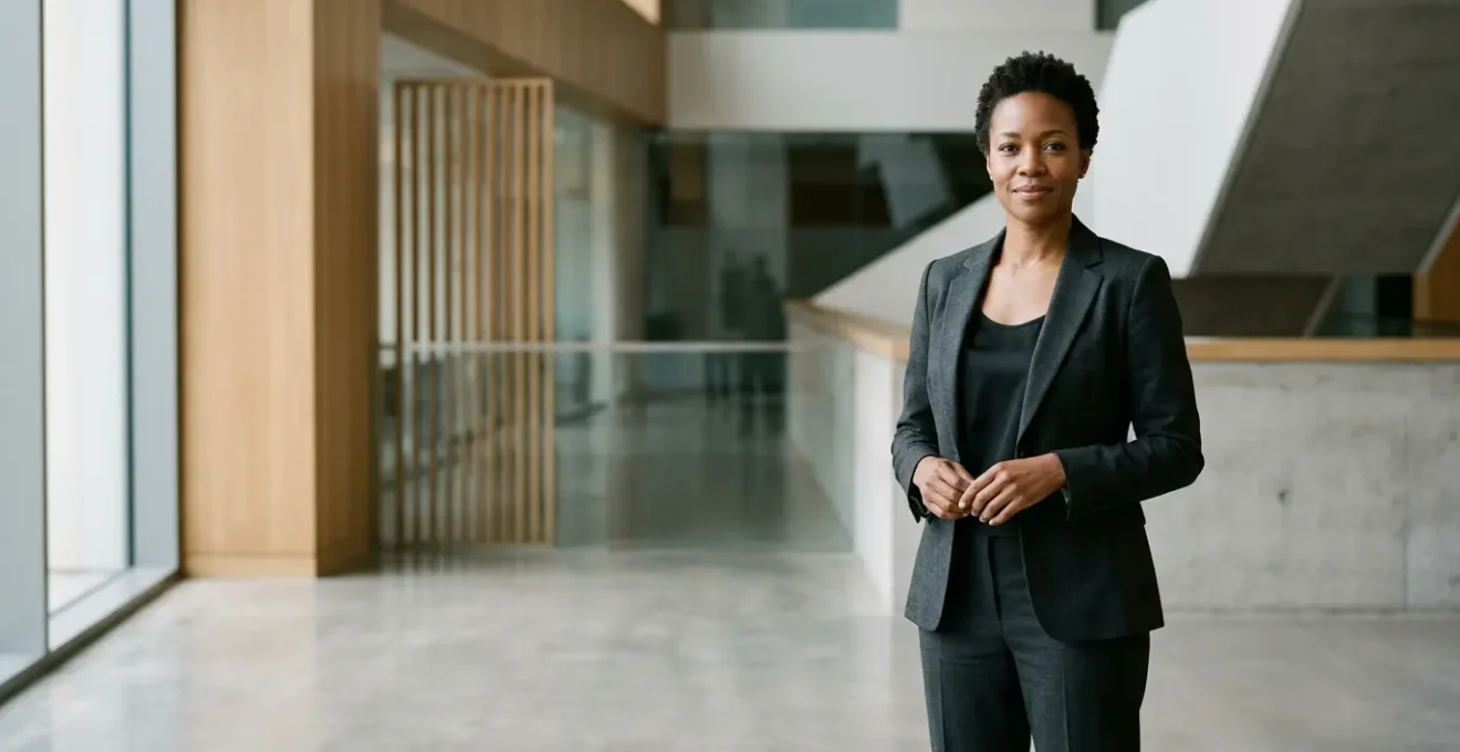 Professional individual demonstrating confident posture and commanding presence in modern space