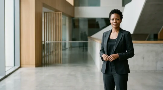 Professional individual demonstrating confident posture and commanding presence in modern space