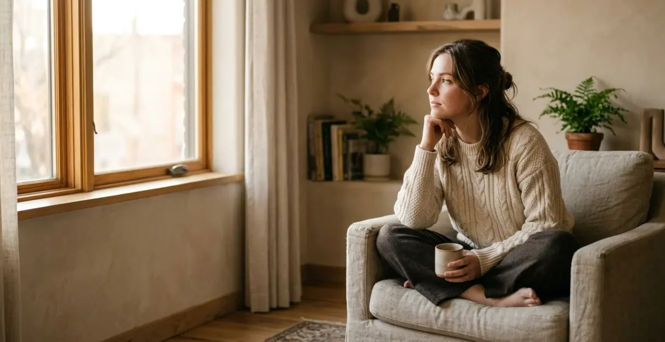 A person sitting alone in a warmly lit space, surrounded by subtle negative space, evoking contemplation and isolation despite digital connectivity