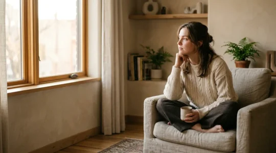 A person sitting alone in a warmly lit space, surrounded by subtle negative space, evoking contemplation and isolation despite digital connectivity