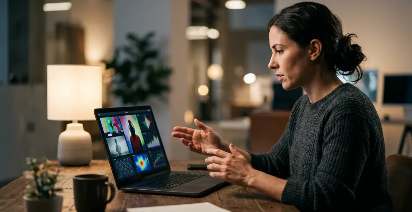 Digital investigator examining multiple screens displaying video verification tools and metadata analysis