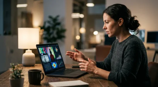 Digital investigator examining multiple screens displaying video verification tools and metadata analysis