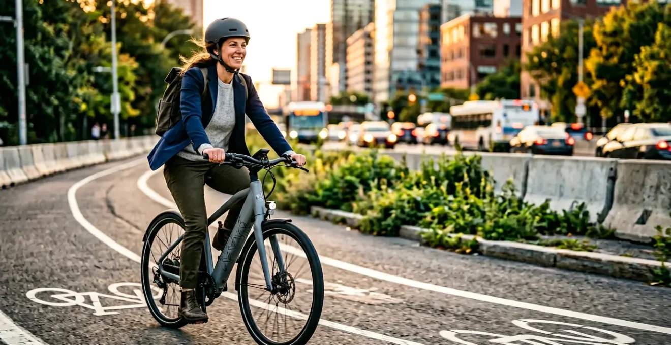 Urban cyclist on shared e-bike during active commute integrating exercise into daily routine