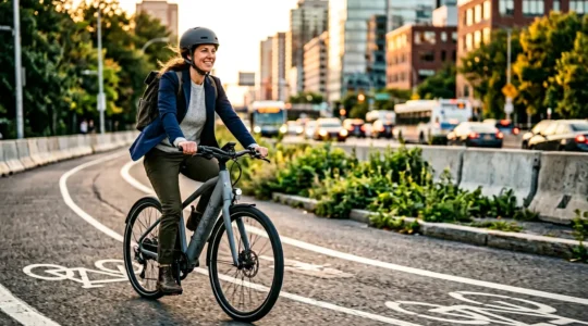 Urban cyclist on shared e-bike during active commute integrating exercise into daily routine