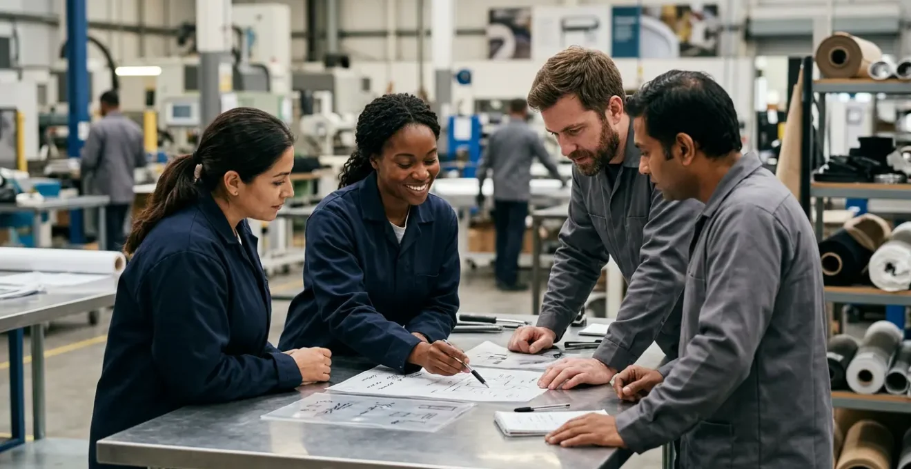 Professional scene showing transparent supply chain documentation with workers and ethical sourcing materials