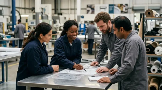 Professional scene showing transparent supply chain documentation with workers and ethical sourcing materials