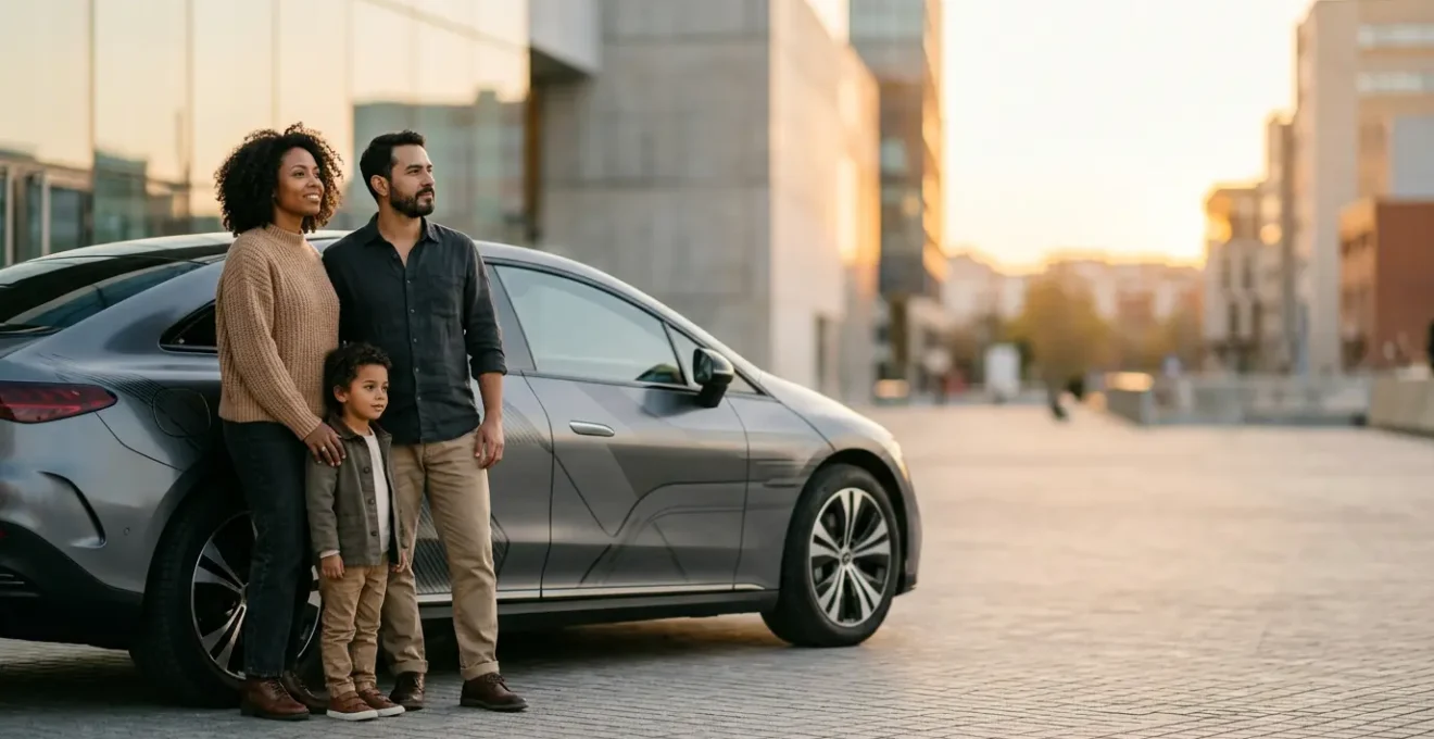 Modern family contemplating autonomous vehicle technology and safety considerations for future transportation