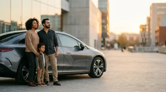 Modern family contemplating autonomous vehicle technology and safety considerations for future transportation
