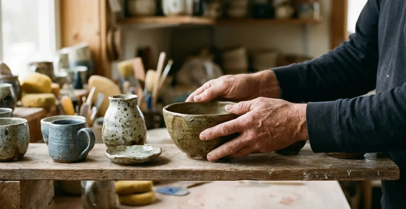 A person's hands gently placing a handmade ceramic bowl on a wooden shelf surrounded by other imperfect pottery pieces in warm natural light