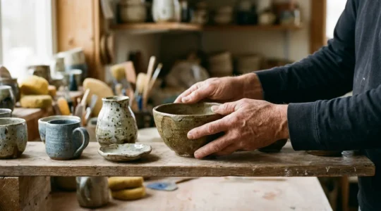 A person's hands gently placing a handmade ceramic bowl on a wooden shelf surrounded by other imperfect pottery pieces in warm natural light