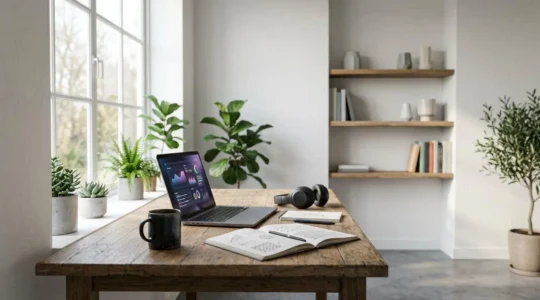 Professional workspace showing freelancer building digital income streams with laptop and planning materials