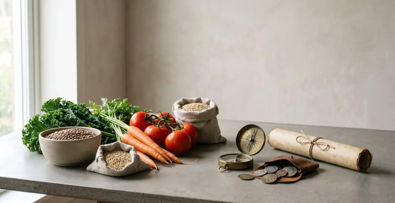 Wide composition showing international trade elements affecting food costs through symbolic visual metaphor