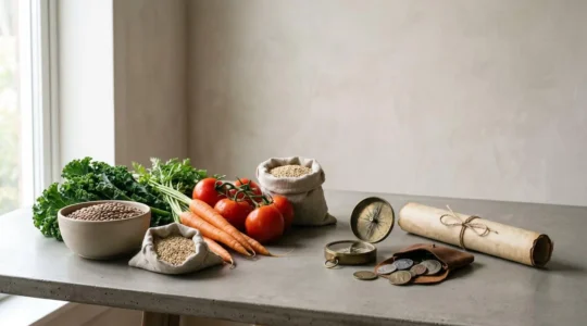 Wide composition showing international trade elements affecting food costs through symbolic visual metaphor