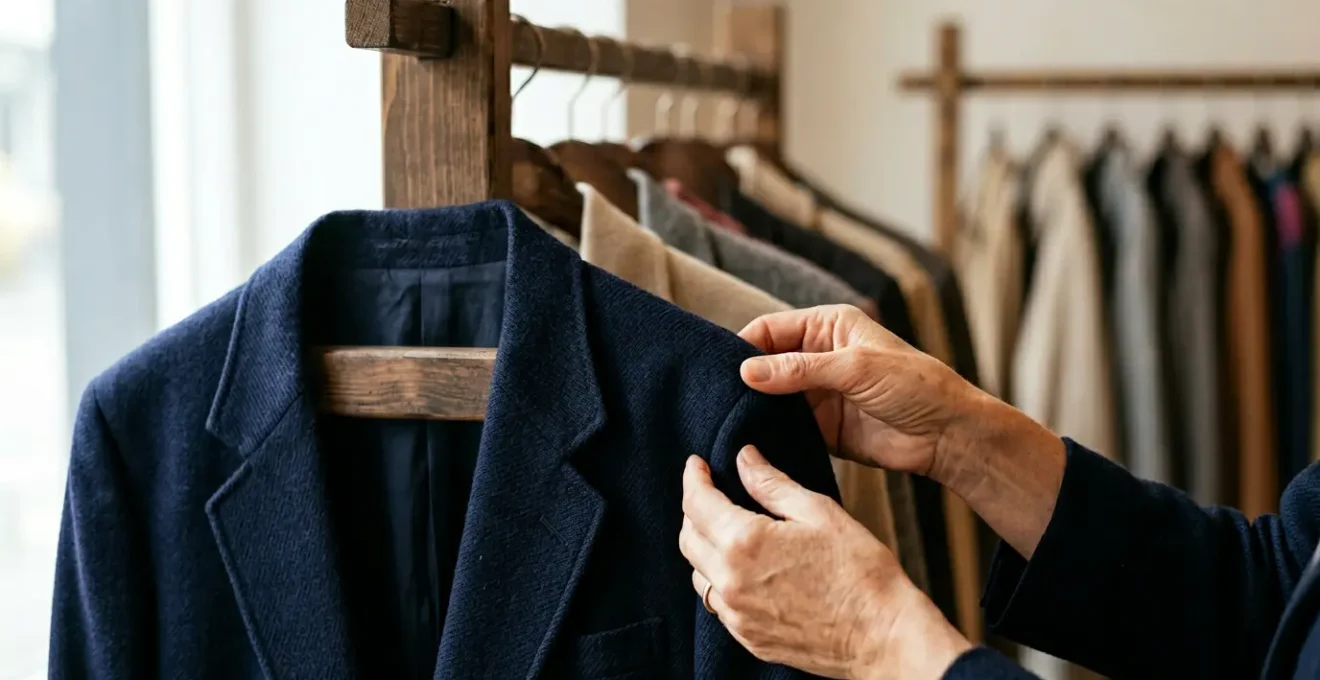 Hands examining fine fabric texture of luxury vintage garment in natural light