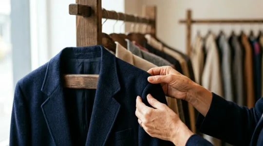 Hands examining fine fabric texture of luxury vintage garment in natural light
