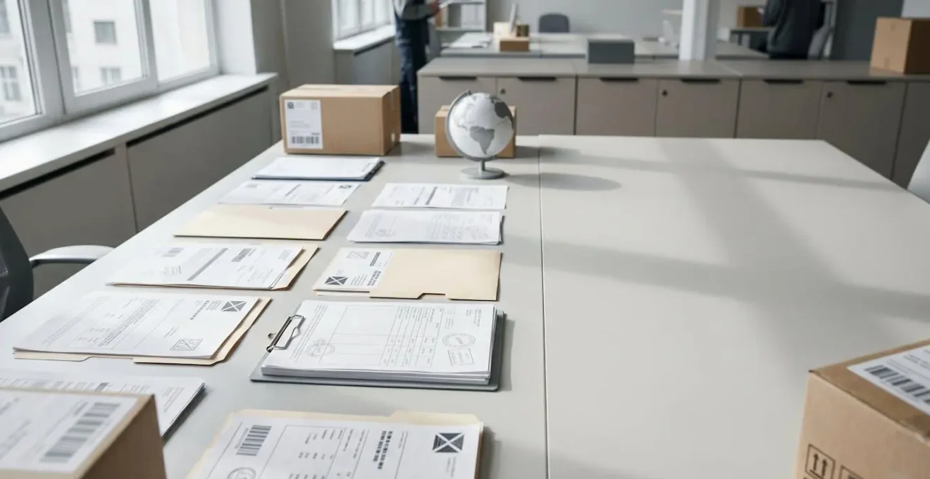 Professional editorial photograph showing customs documentation and international shipping workflow