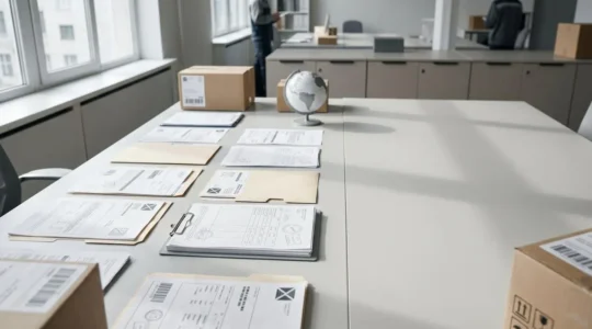 Professional editorial photograph showing customs documentation and international shipping workflow