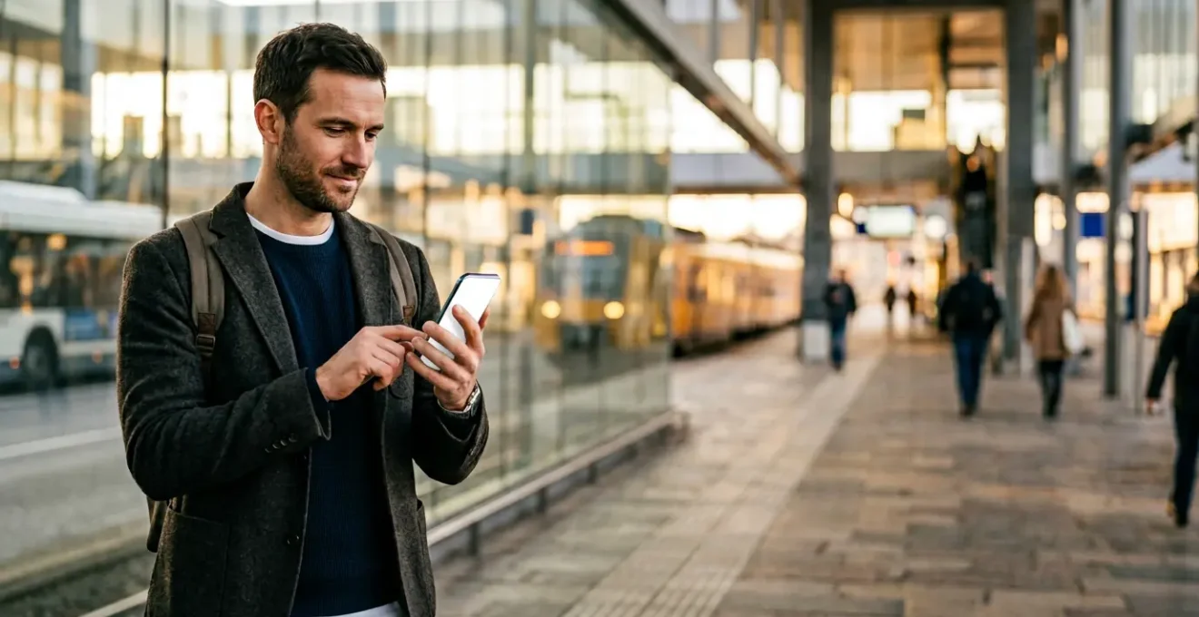 Commuter checking smartphone app while standing at modern transit station platform during golden hour