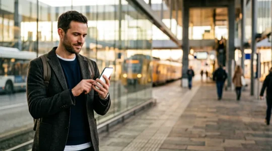 Commuter checking smartphone app while standing at modern transit station platform during golden hour