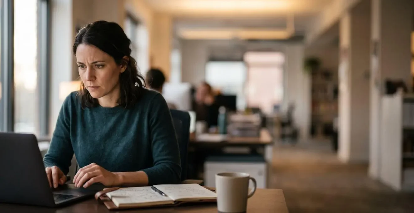 A journalist working intensely at a modern newsroom desk, focused and determined despite time constraints