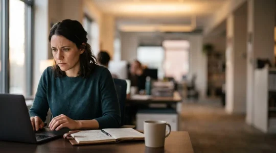 A journalist working intensely at a modern newsroom desk, focused and determined despite time constraints