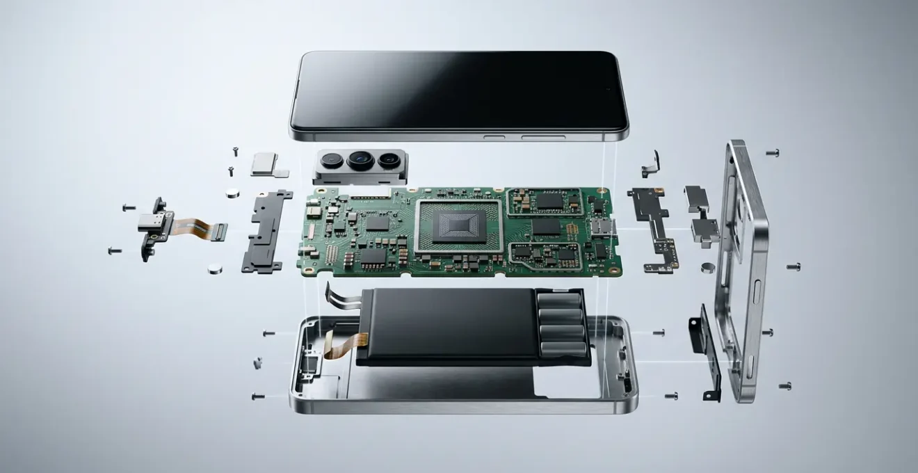 A modular electronic product mid-disassembly showcasing clean design for repairability and sustainable manufacturing
