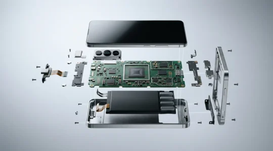 A modular electronic product mid-disassembly showcasing clean design for repairability and sustainable manufacturing