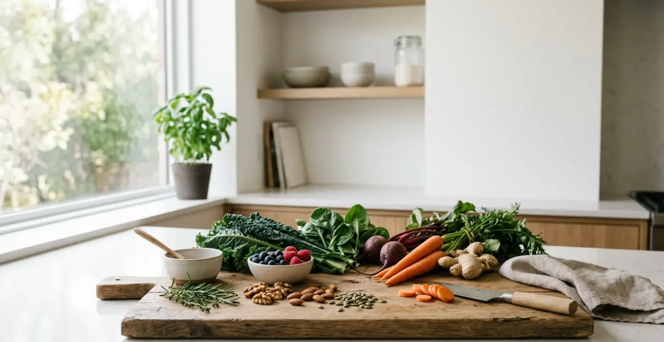 Person preparing fresh vegetables and whole foods in a bright kitchen setting demonstrating natural immune support through diet