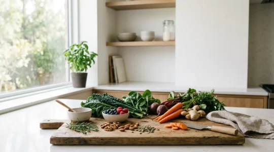 Person preparing fresh vegetables and whole foods in a bright kitchen setting demonstrating natural immune support through diet