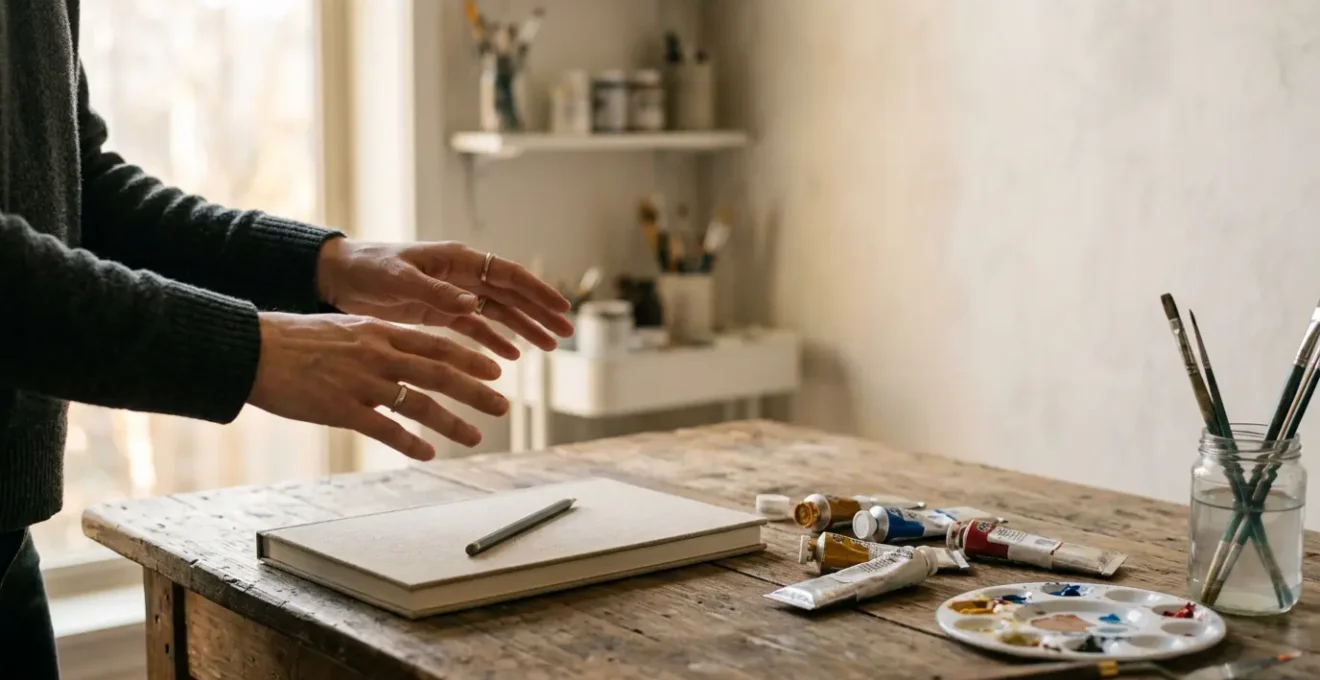 A person standing at a creative workspace hesitating to start, symbolizing artistic self-doubt and the imposter syndrome barrier