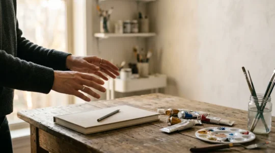 A person standing at a creative workspace hesitating to start, symbolizing artistic self-doubt and the imposter syndrome barrier