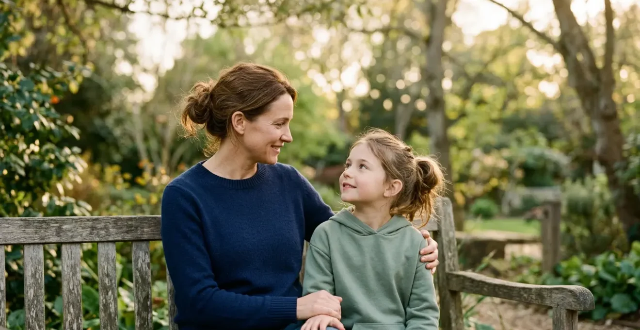 Parent and child engaged in meaningful conversation outdoors with natural setting