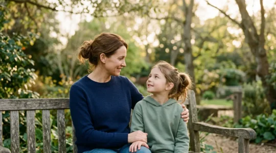 Parent and child engaged in meaningful conversation outdoors with natural setting
