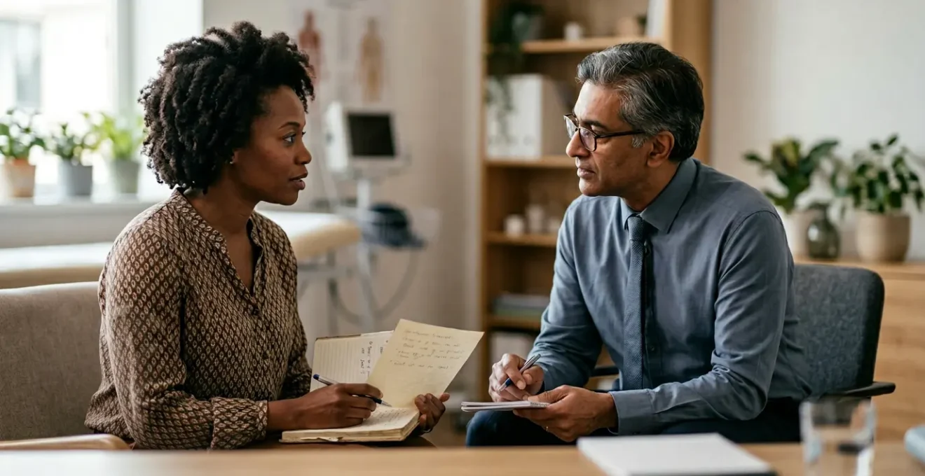 Patient confidently discussing health concerns with attentive physician during consultation
