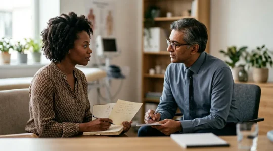 Patient confidently discussing health concerns with attentive physician during consultation