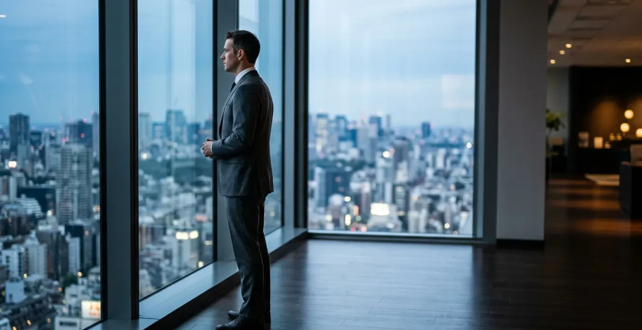 Mid-career professional in business attire working at modern international office with global perspective view