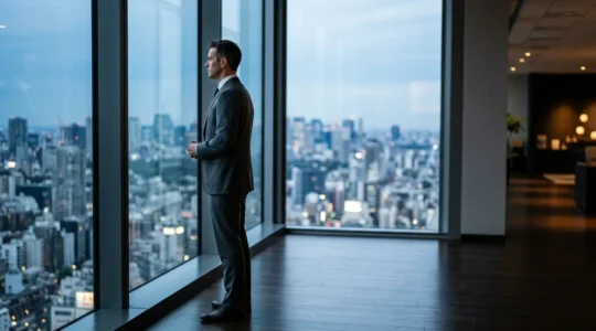 Mid-career professional in business attire working at modern international office with global perspective view