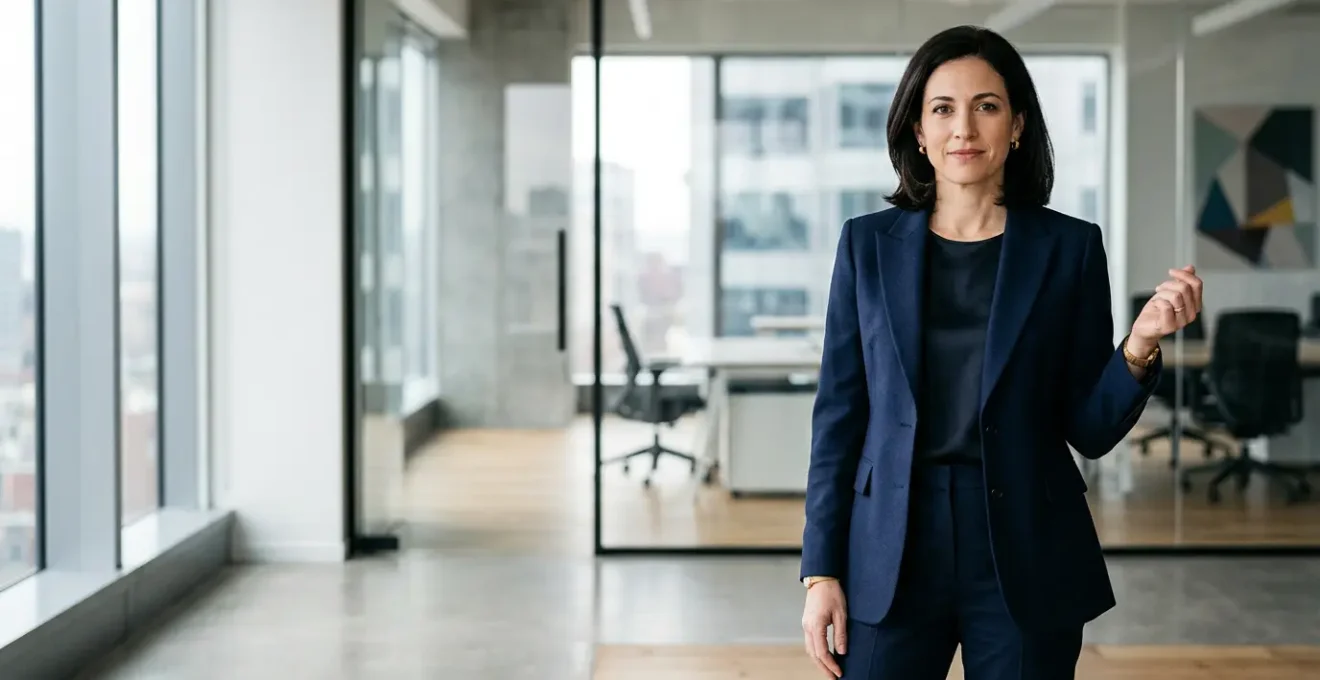 Professional woman in powerful navy blazer exuding confidence and authority in corporate environment