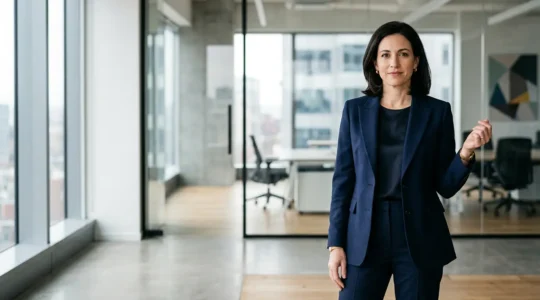 Professional woman in powerful navy blazer exuding confidence and authority in corporate environment