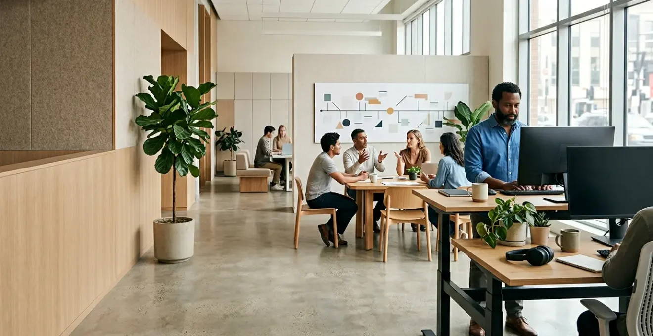 Diverse team members collaborating in an inclusive workspace designed for neurodivergent needs