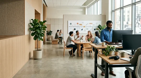 Diverse team members collaborating in an inclusive workspace designed for neurodivergent needs