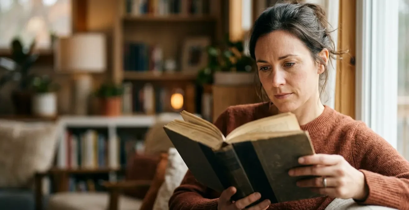 A person deeply immersed in reading a book, with natural contemplative expression showing emotional engagement